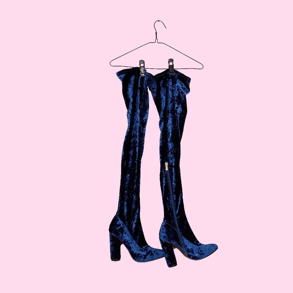 Womens Blue Velvet Cape Robbin Over-The-Knee Boots, Size 8.5 (Great Condition)